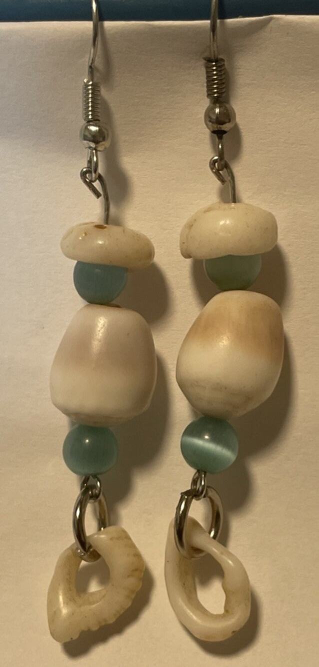 Hawaiian Handmade Pūpū Ala cone Shells and Puka bead Dangly Earring Set blue 2”